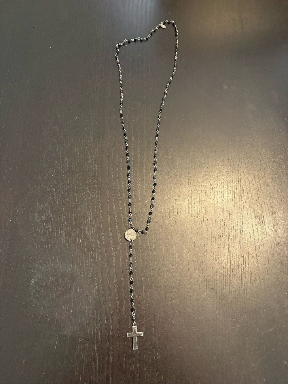Vintage Black Beaded Silver Cross Rosary Necklace